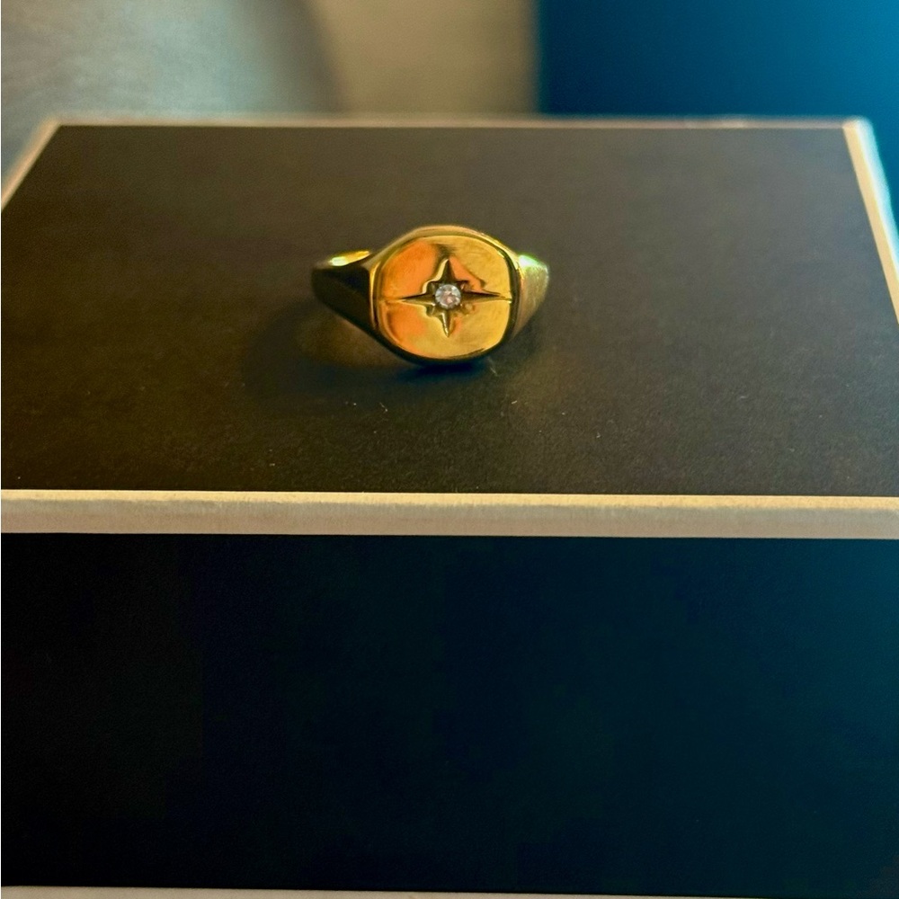 Gold Plated Steel Signet Ring with Star Design